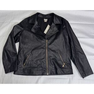 Chicos Black Faux Leather Moto Biker Jacket Womens 1 US 8/10‎ Zipper Pockets